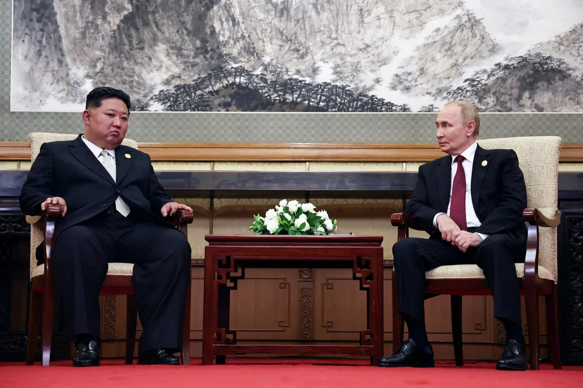 Russian President Vladimir Putin and North Korean leader Kim Jong Un attend a meeting in Beijing on Sept 3, 2025.