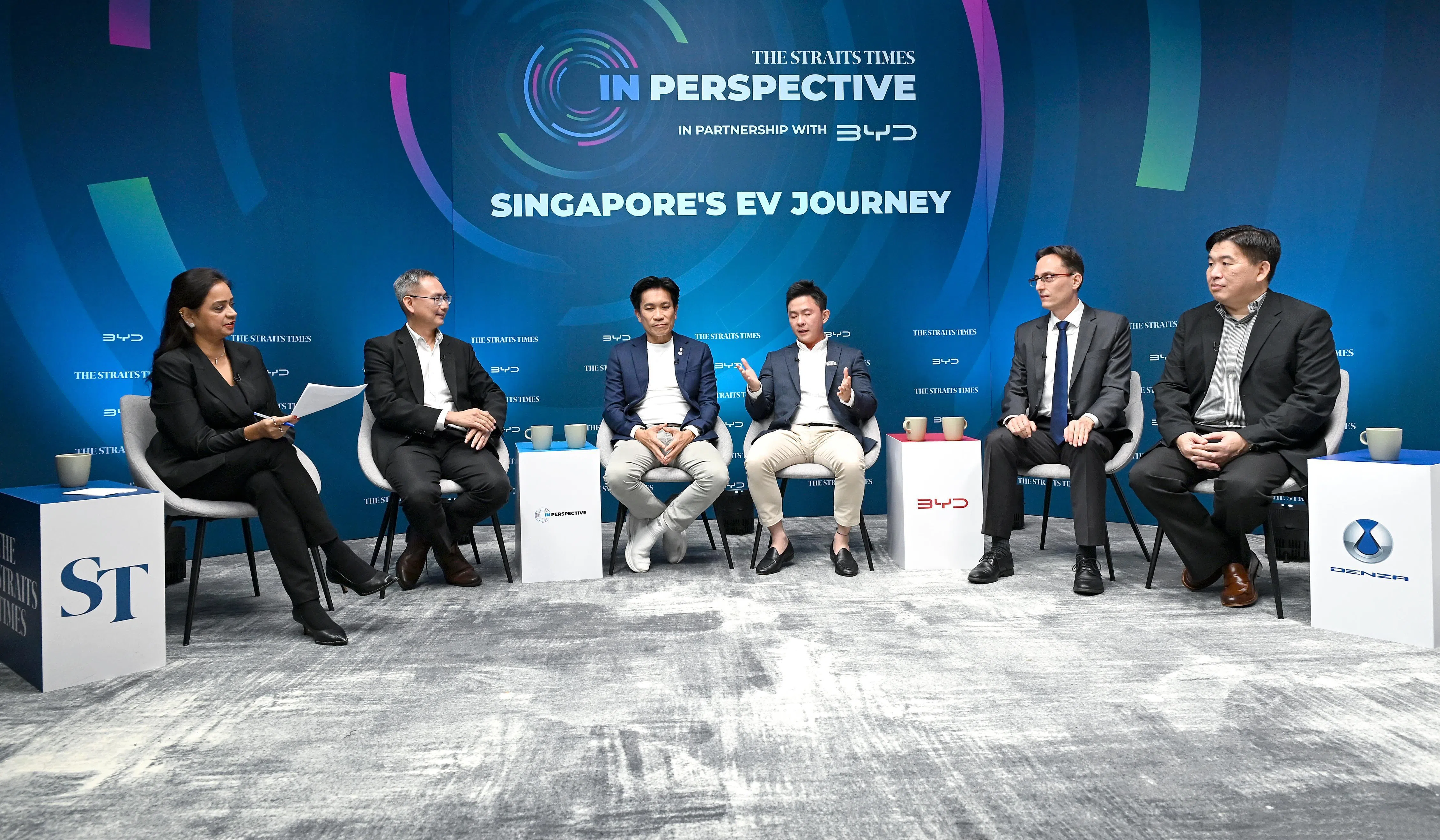 (From left) Moderator Shefali Rekhi, LTA deputy chief executive of technology Lam Wee Shann, BYD managing director James Ng, SG CarMart editor Julian Kho, Tumcreate principal scientist Tobias Massier, and ChargedUp head of business operations Tyron Tan, at the In Perspective roundtable with The Straits Times, held in partnership with BYD, on March 27.