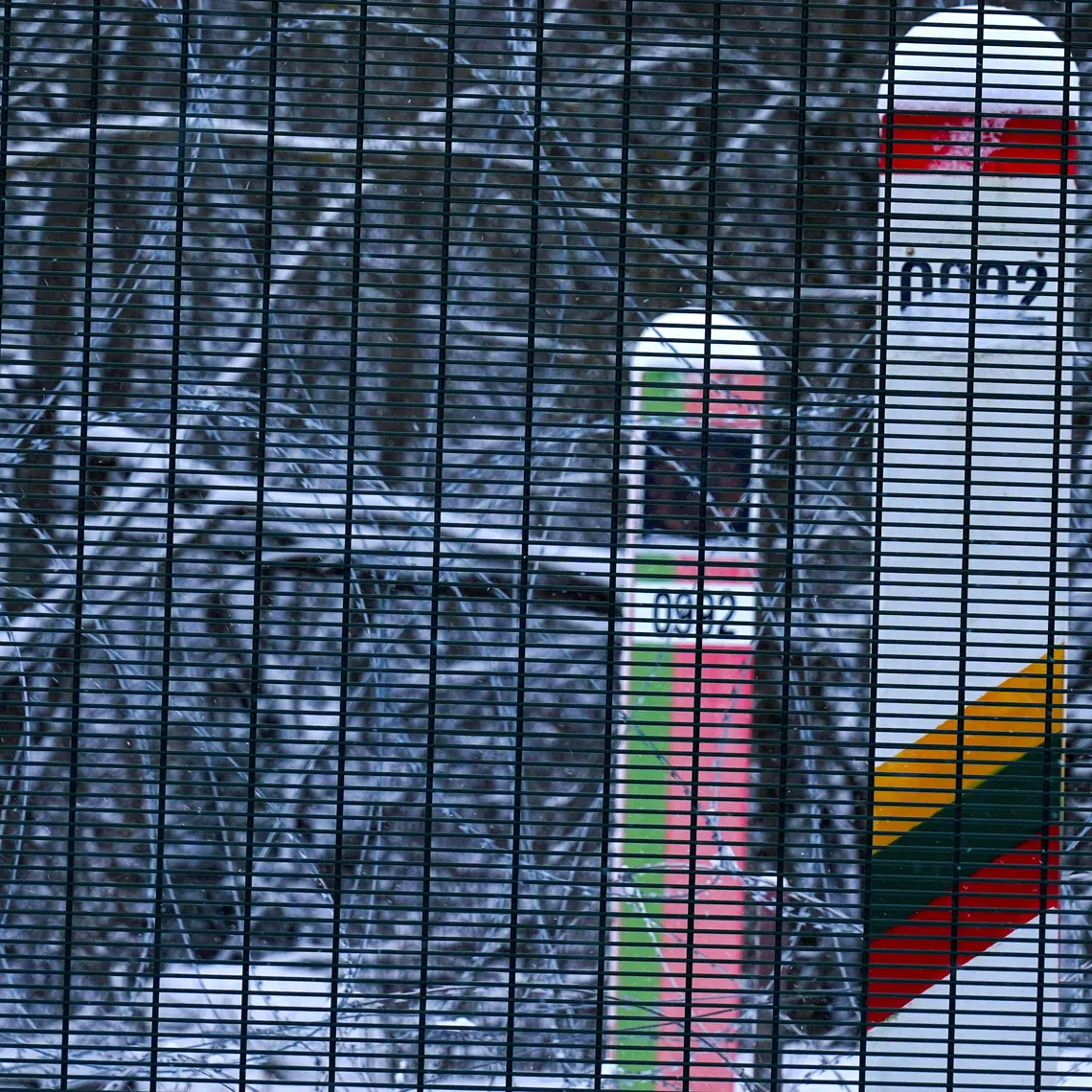 FILE PHOTO: A view of Belarus-Lithuania border mark poles in Kurmelionys, Lithuania January 21, 2022. REUTERS/Janis Laizans/File Photo