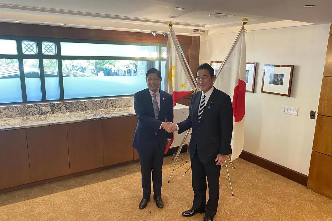 Philippine President Ferdinand Marocs Jr meets Japan Prime Minister Fumio Kishida on the sidelines of the UN General Assembly in the United States on Sept 22, 2022.