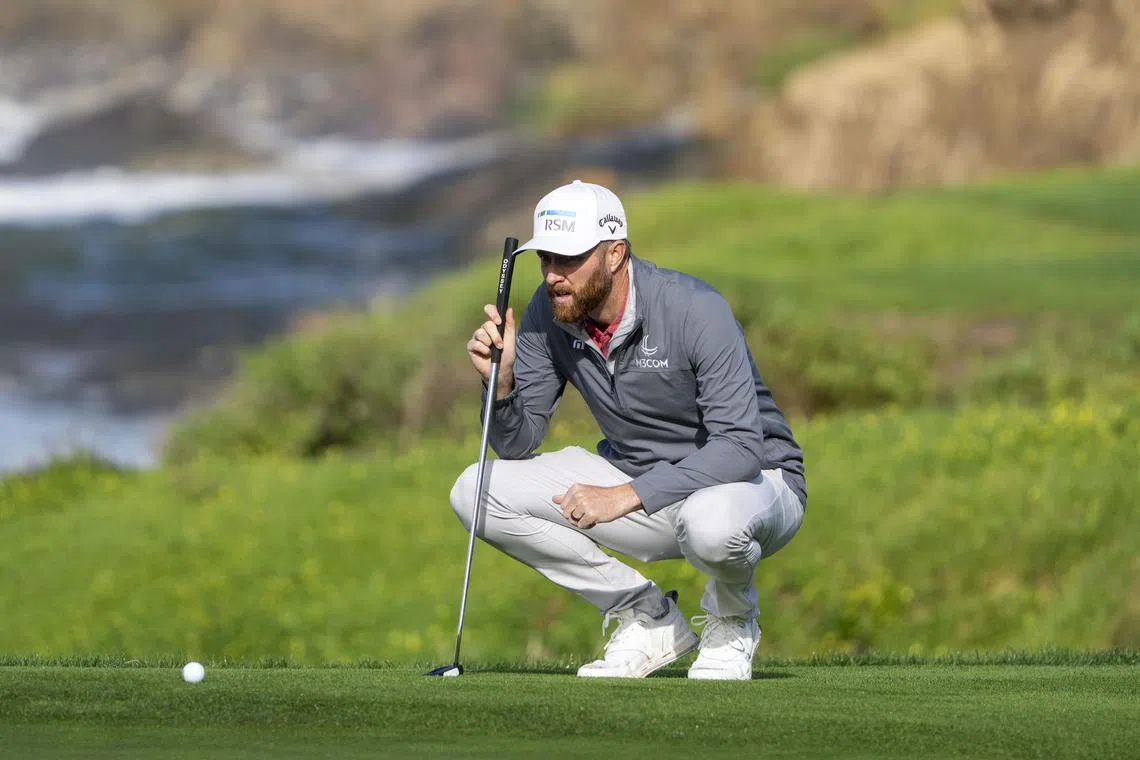 February 2, 2024; Pebble Beach, California, USA; Chris Kirk lines up his putt on the 10th hole during the second round of the AT&T Pebble Beach Pro-Am golf tournament at Pebble Beach Golf Links. Mandatory Credit: Kyle Terada-USA TODAY Sports/File Photo