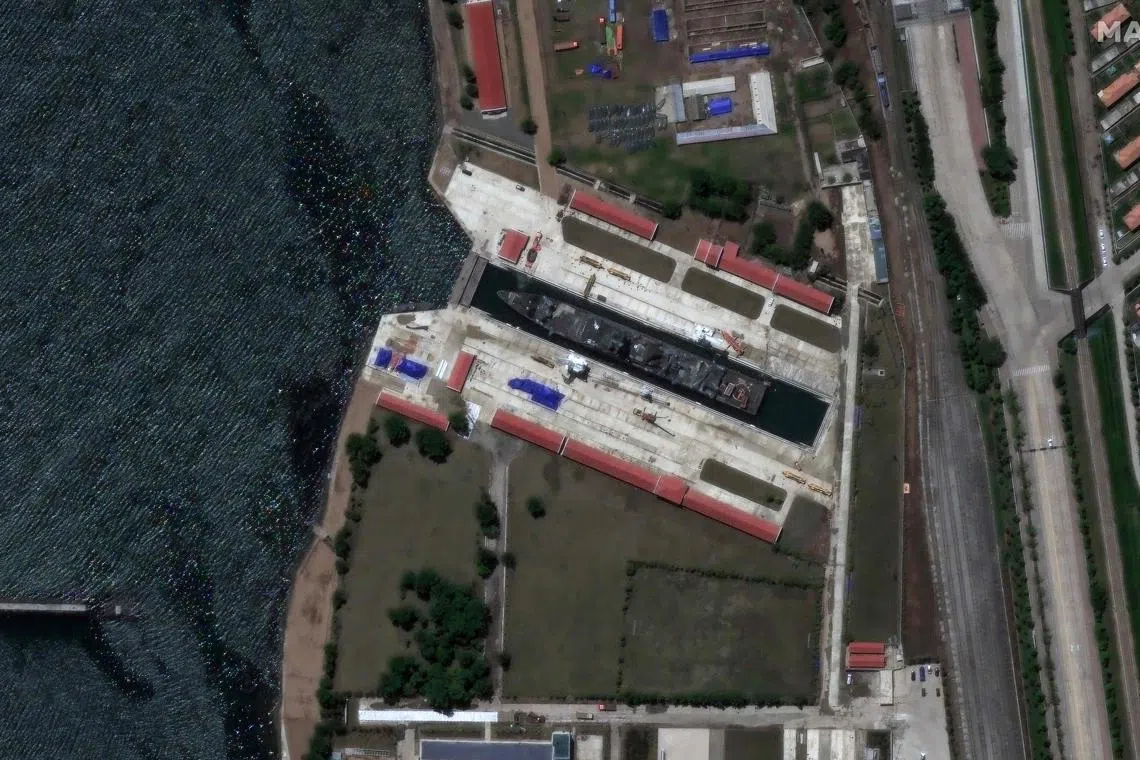 The new North Korean warship undergoing repairs at a dry dock facility in Rajin.