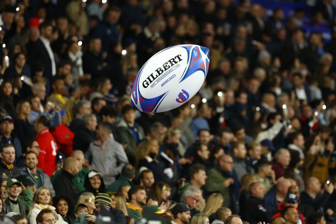 Rugby Union - Rugby World Cup 2023 - Quarter Final - France v South Africa - Stade de France, Saint-Denis, France - October 15, 2023 General view of an inflatable rugby ball before the match REUTERS/Gonzalo Fuentes