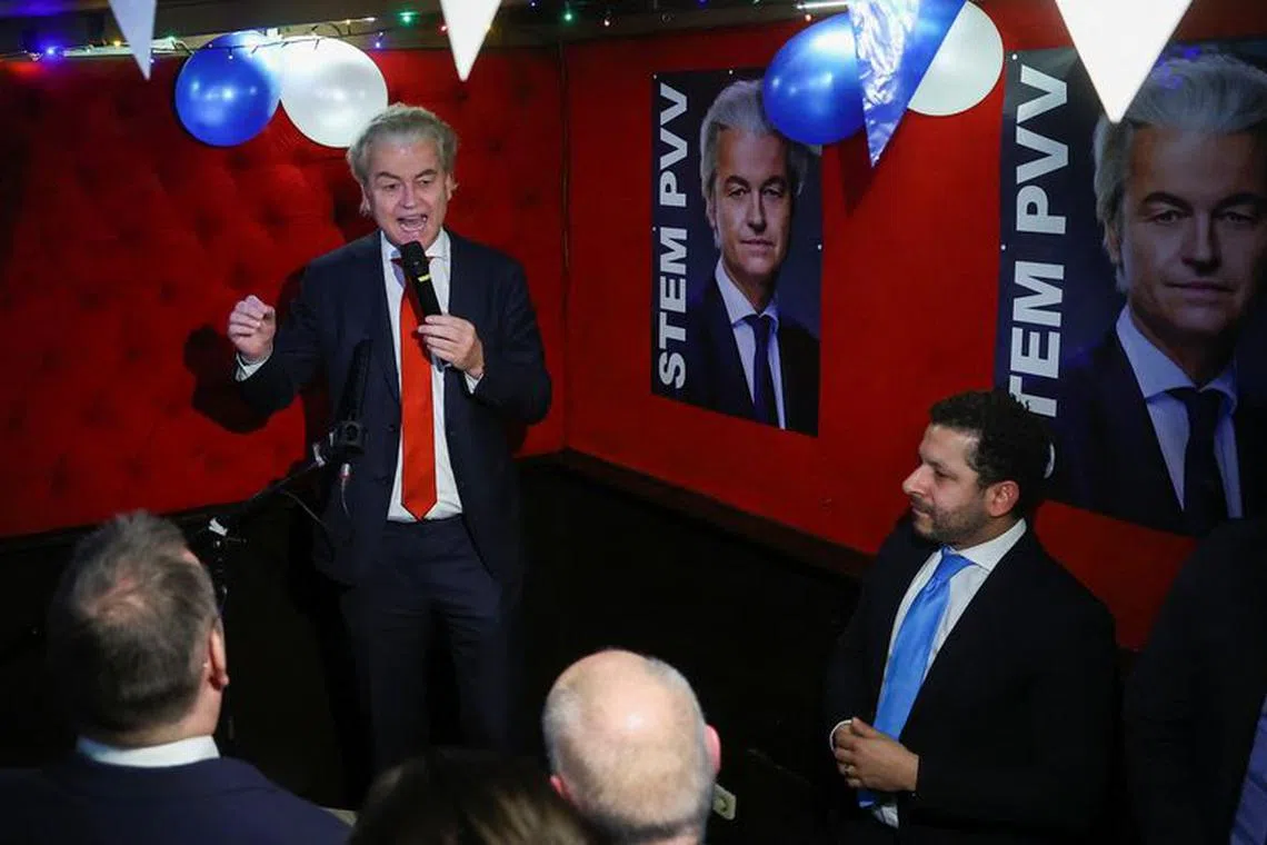 Dutch far-right politician and leader of the PVV party, Geert Wilders speaks as he reacts to the exit poll and early results in the Dutch parliamentary elections, in The Hague, Netherlands November 22, 2023. REUTERS/Yves Herman