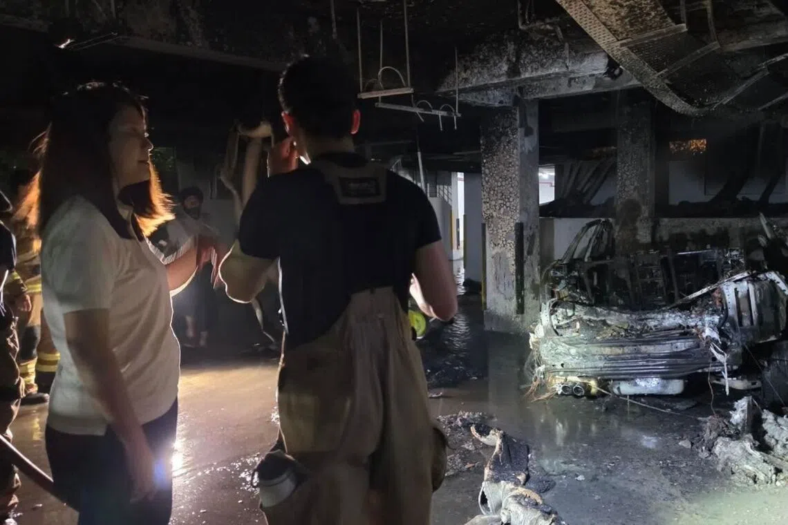 The fire involved a car in the basement carpark of Orchid Park condominium in Yishun.