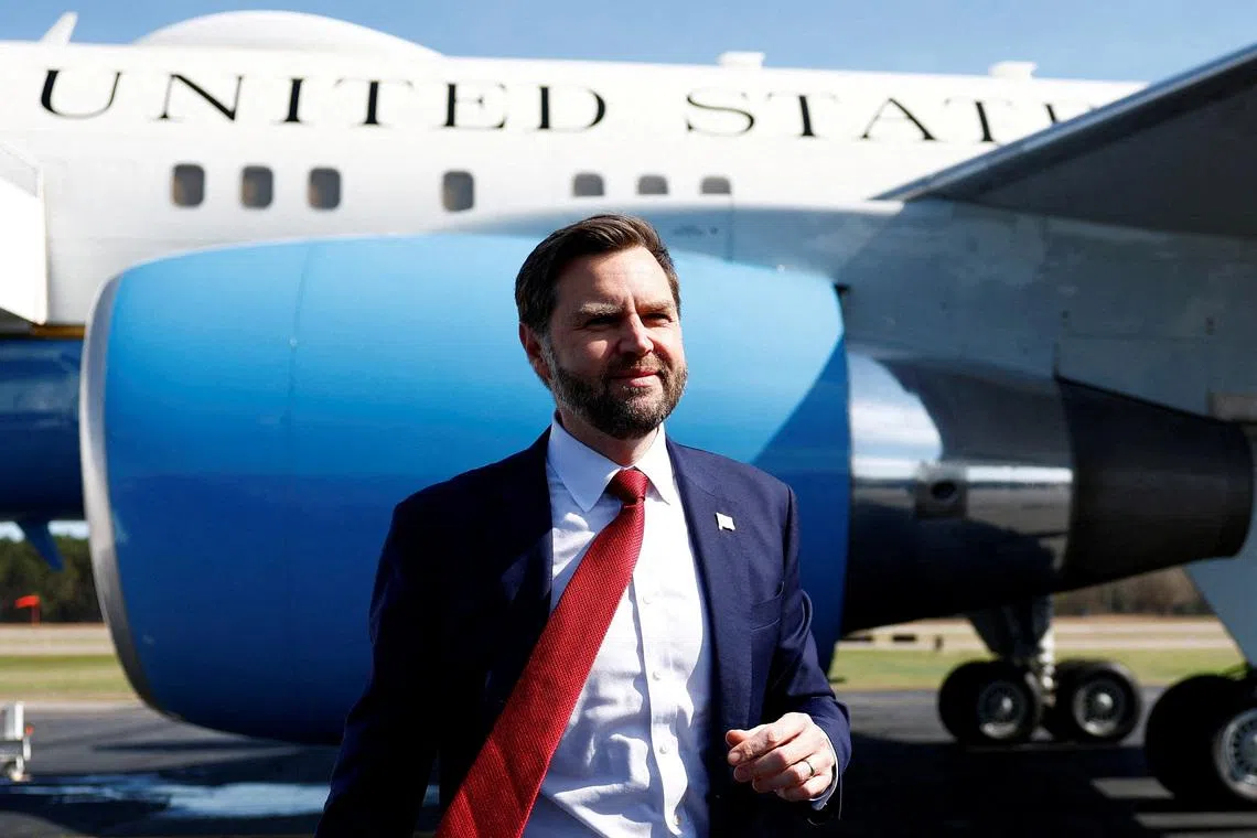 FILE PHOTO: U.S. Vice President JD Vance prepares to board Air Force Two en route to Washington, D.C., at Rocky Mount-Wilson Regional Airport, in Elm City, North Carolina. U.S., March 13, 2026. Kent Nishimura/Pool via REUTERS/File Photo
