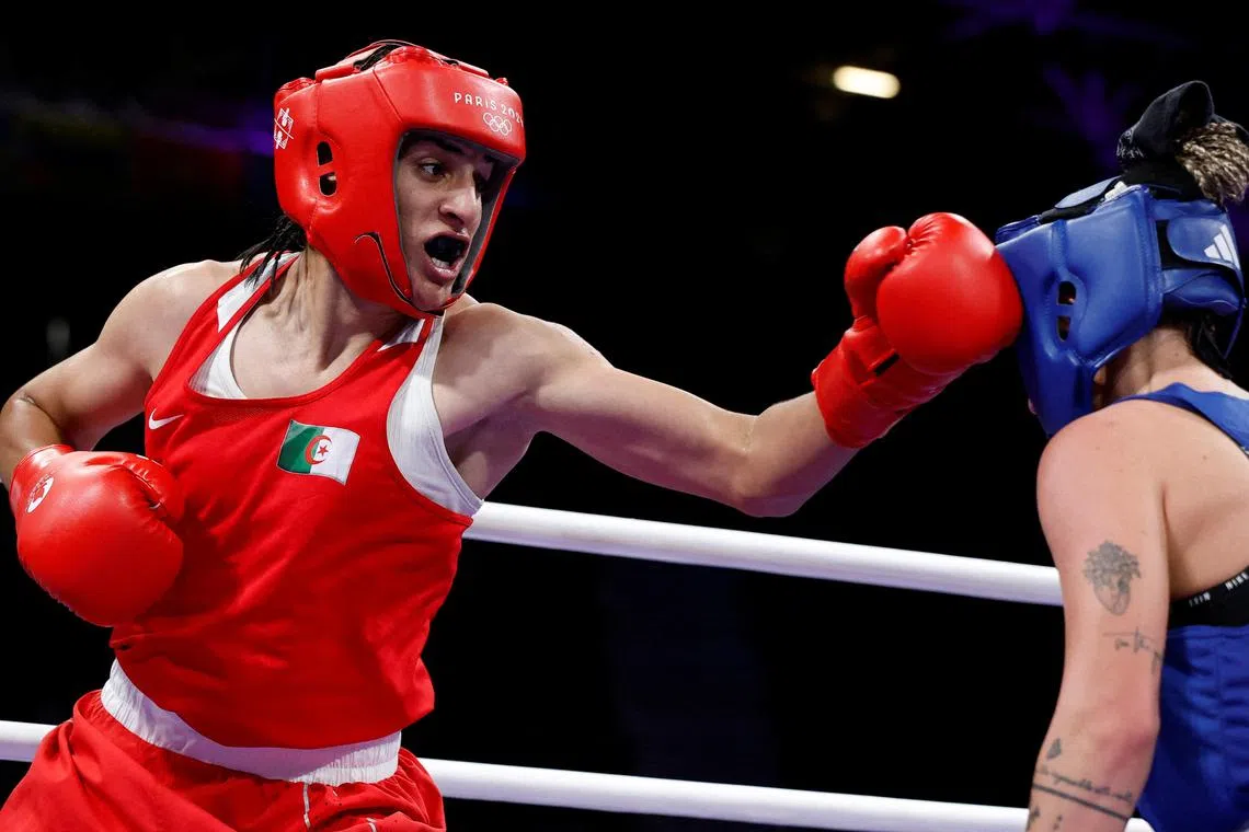 Imane Khelif of Algeria during the Paris Olympics quarter-final clash with Anna Luca Hamori of Hungary. 