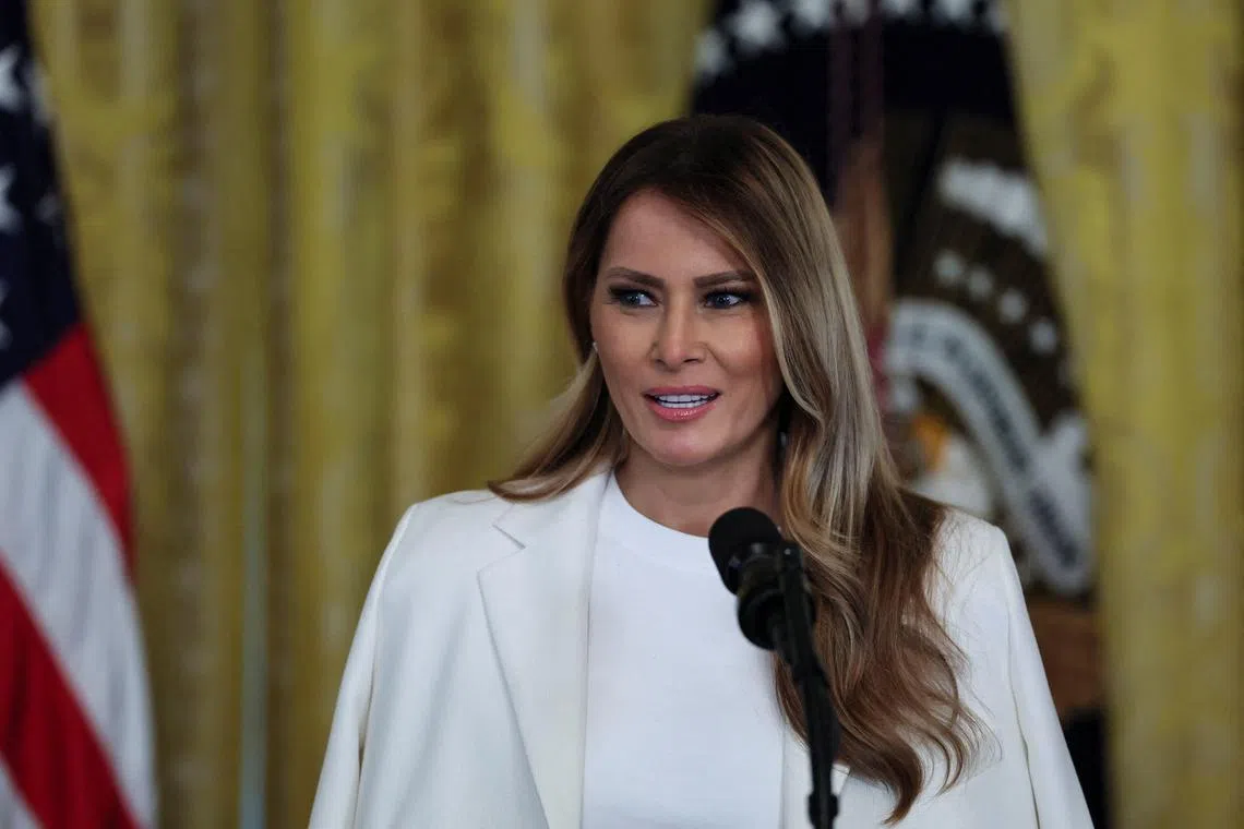 FILE PHOTO: U.S. first lady Melania Trump speaks at the White House in Washington, D.C., U.S., May 8, 2025. REUTERS/Leah Millis/ File Photo