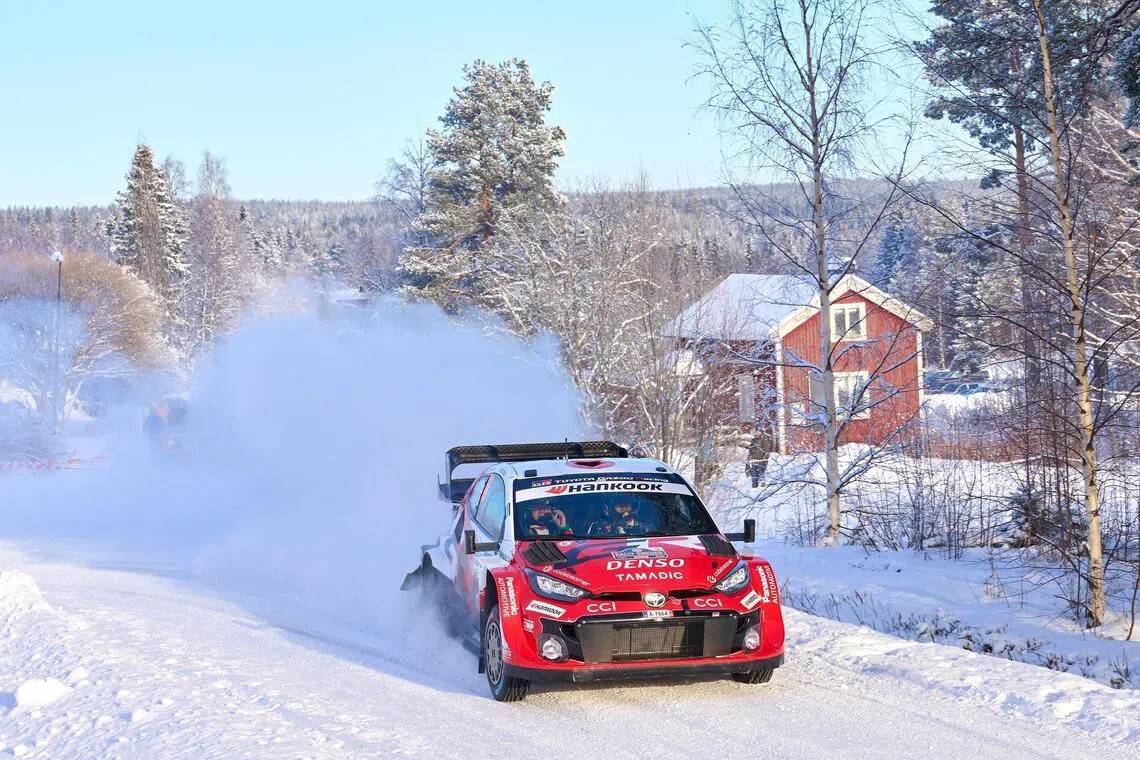 Japanese Takamoto Katsuta and Irish co-driver Aaron Johnston in their Toyota GR Yaris Rally1 during Rally Sweden, round two of the FIA World Rally Championship, in Umea on Feb 13, 2026.