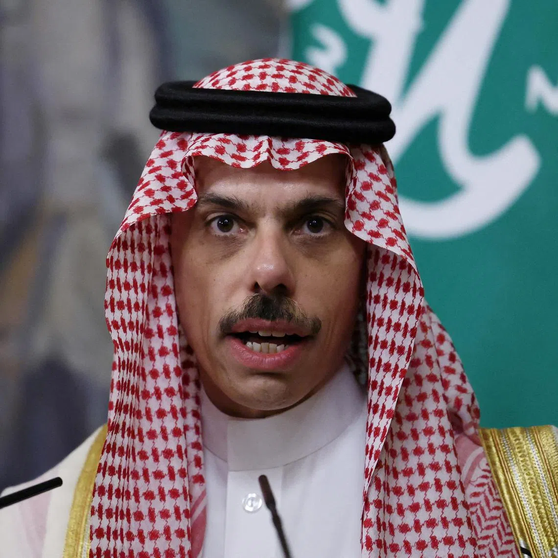 FILE PHOTO: Saudi Arabia's Foreign Minister Prince Faisal bin Farhan Al Saud speaks during a joint press conference with Russia's Foreign Minister Sergei Lavrov following their meeting in Moscow, Russia July 4, 2025. REUTERS/Evgenia Novozhenina/Pool/File Photo