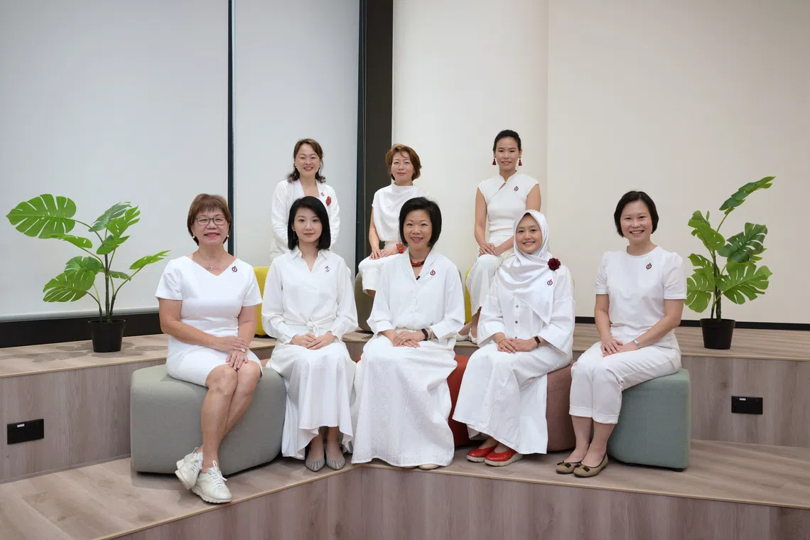 (Front row, from left) Jalan Besar GRC MP Denise Phua, Senior Minister of State for National Development and Transport Sun Xueling, Senior Minister of State for Home Affairs and Foreign Affairs Sim Ann, Minister of State for Digital Development and Information and Health Rahayu Mazam and Minister of State for Foreign Affairs and Trade and Industry Gan Siow Huang. (Back row, from left) Marine Parade-Braddell Heights GRC MP Diana Pang, Mountbatten MP Gho Sze Kee and Sengkang GRC MP Bernadette Giam.