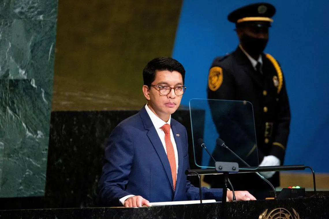 FILE PHOTO: Madagascar President Andry Nirina Rajoelina addresses the 77th United Nations General Assembly at U.N. headquarters in New York City, New York, U.S., September 21, 2022. REUTERS/Caitlin Ochs/File Photo