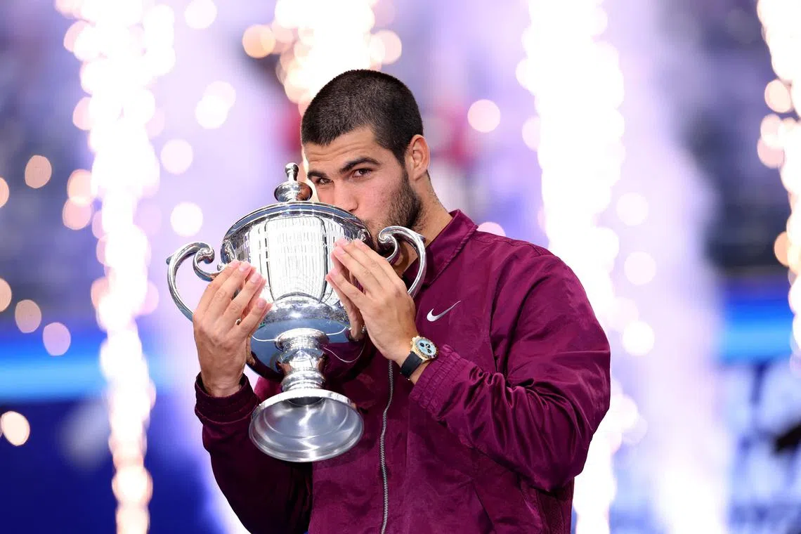 Carlos Alcaraz of Spain kissing the trophy after defeating Jannik Sinner of Italy in the US Open men's singles final match at the 2025 US Open at USTA Billie Jean King National Tennis Centre on Sept 07, 2025 in New York City.