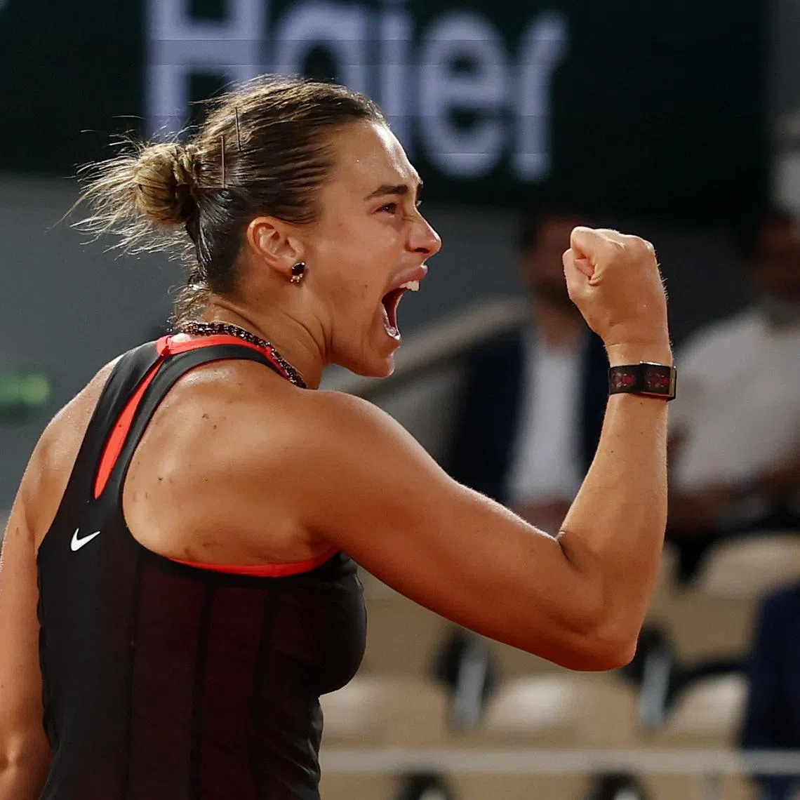 Tennis - French Open - Roland Garros, Paris, France - June 1, 2026 Belarus' Aryna Sabalenka celebrates winning her fourth round match against Japan's Naomi Osaka REUTERS/Stephane Mahe
