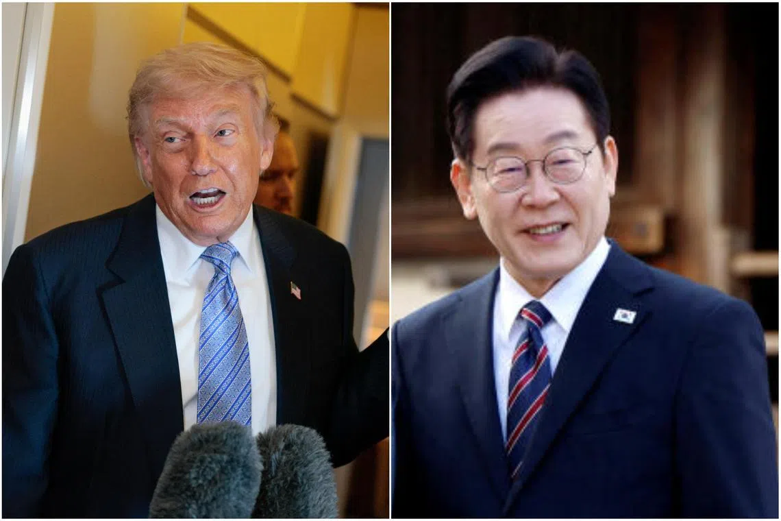 South Korea President Lee Jae Myung (right) told US President Donald Trump that the stable management of US-China relations would contribute to peace and prosperity in the region.