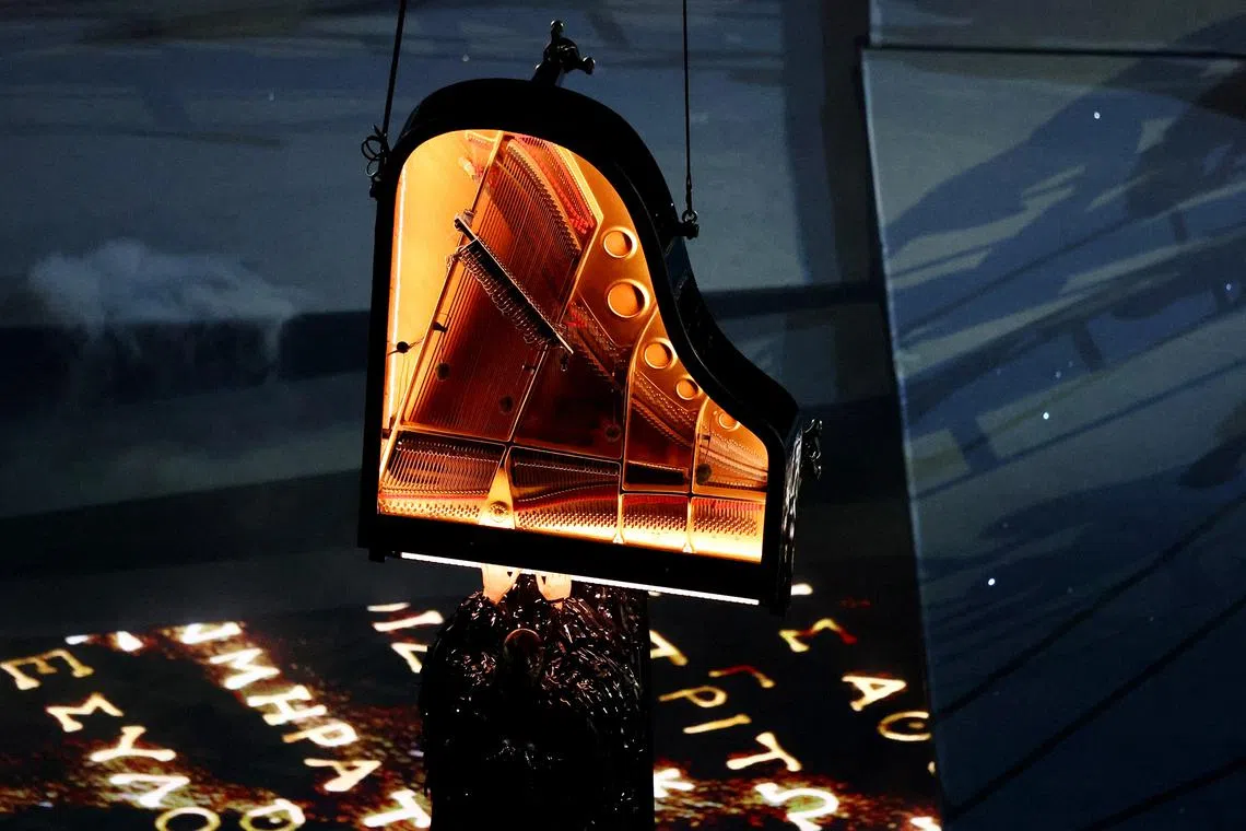Alain Roche performing on the piano during the closing ceremony of the Paris Olympics at the Stade de France on Aug 11, 2024.