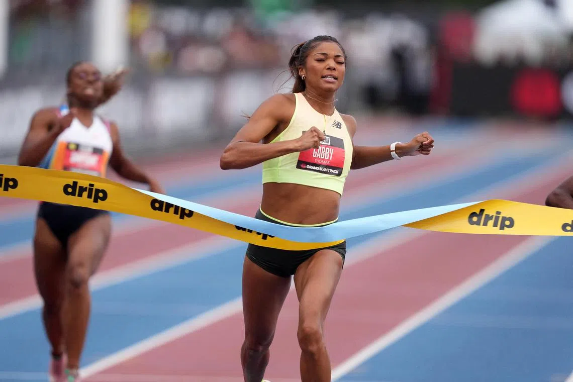 FILE PHOTO: May 3, 2025; Miramar, FL, USA; Gabby Thomas aka Gabrielle Thomas (USA) wins the short sprints women's 200m in 21.95 during the Grand Slam Track Miami at Ansin Sports Complex. Mandatory Credit: Kirby Lee-Imagn Images/ File Photo