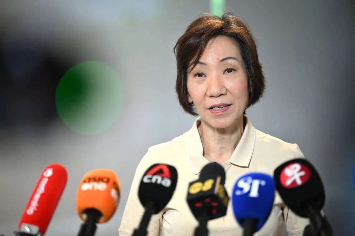 Minister for Sustainability and the Environment Grace Fu speaking to the media on the haze situation on Oct 10.