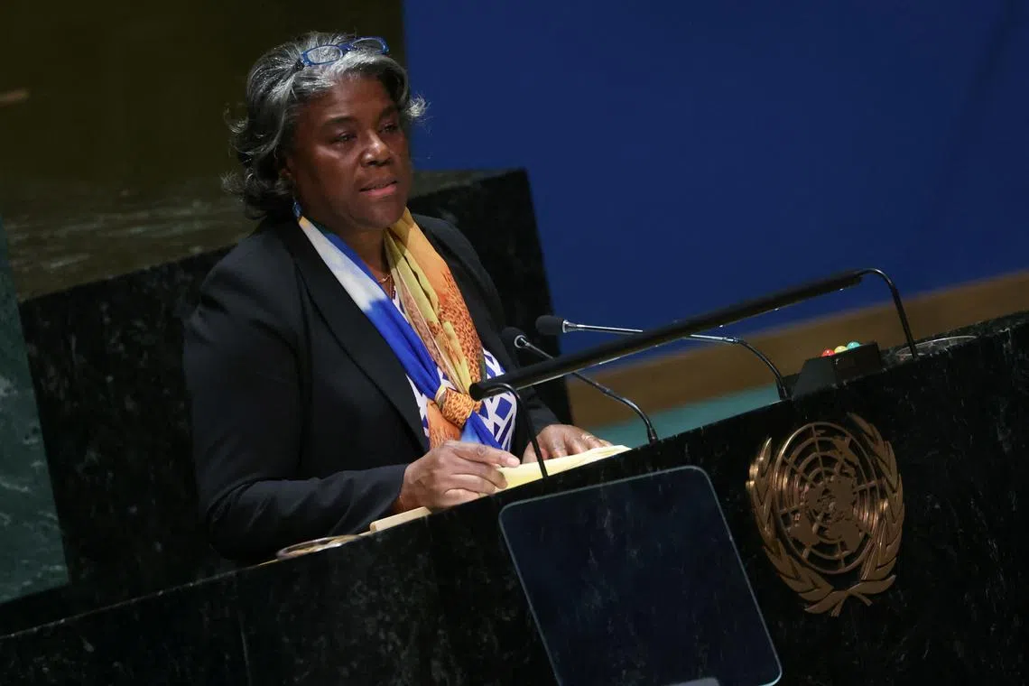 U.S. Ambassador to the United Nations Linda Thomas-Greenfield addresses the United Nations General Assembly during a meeting ahead of the 2nd anniversary of the Russian invasion of Ukraine, at the U.N. headquarters in New York, U.S., February 23, 2024. REUTERS/Mike Segar/File Photo