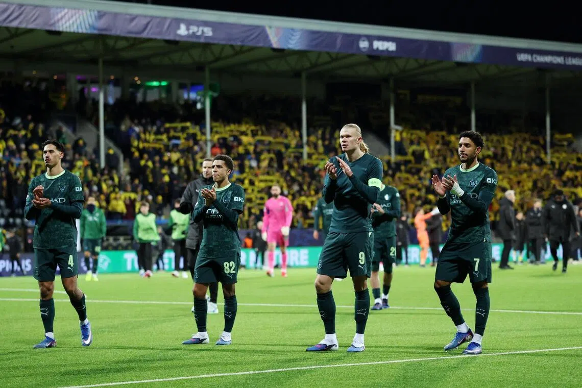 Manchester City's Tijjani Reijnders, Rico Lewis, Erling Haaland and Omar Marmoush applauding fans after the Jan 20 match in Bodo, Norway.
