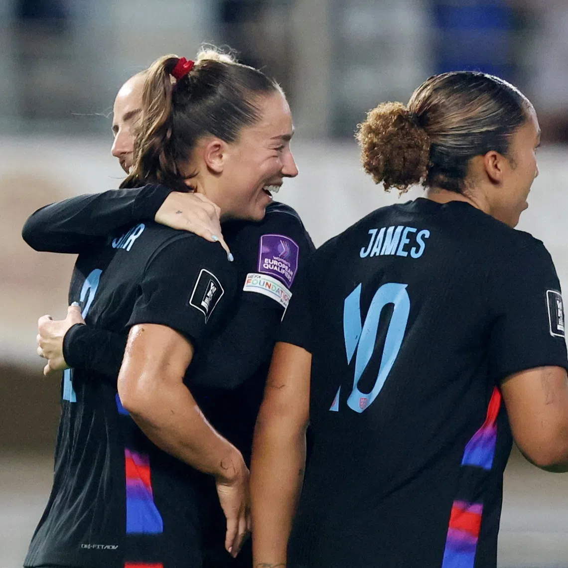 Soccer Football - FIFA World Cup 2027 - Play Off - Semi Final - First Leg - Greece v England - Pankritio Stadium, Heraklion, Greece - October 9, 2026 England's Maya Le Tissier celebrates scoring their second goal with teammates REUTERS/Stefanos Rapanis