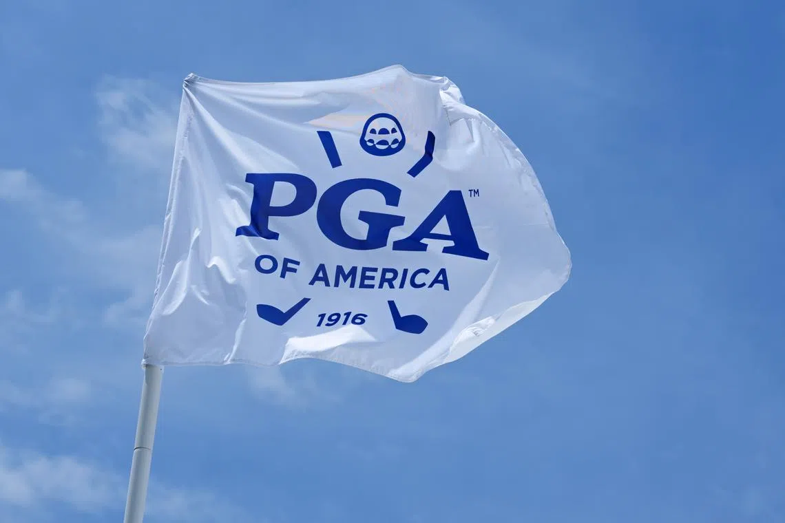 FILE PHOTO: May 13, 2024; Louisville, Kentucky, USA; A PGA of America flag during a practice round for the PGA Championship golf tournament at Valhalla Golf Club. Mandatory Credit: Aaron Doster-USA TODAY Sports/File Photo