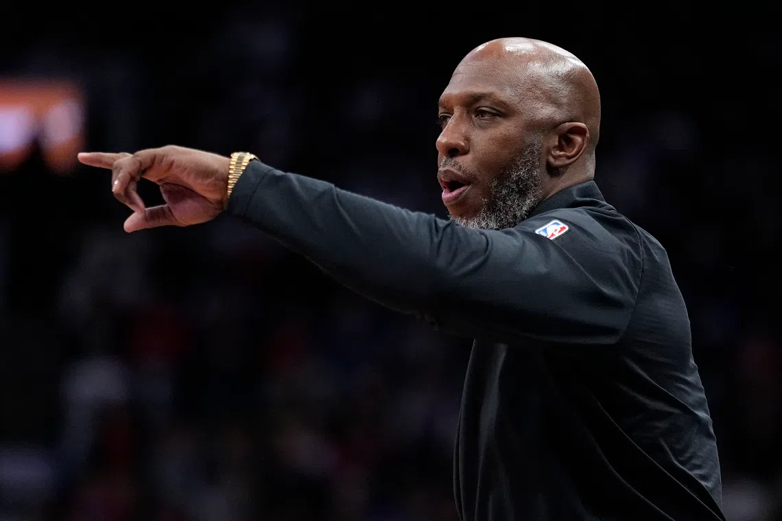Apr 3, 2025; Toronto, Ontario, CAN; Portland Trail Blazers head coach Chauncey Billups gestures to his team during the second half against the Toronto Raptors at Scotiabank Arena. Mandatory Credit: John E. Sokolowski-Imagn Images