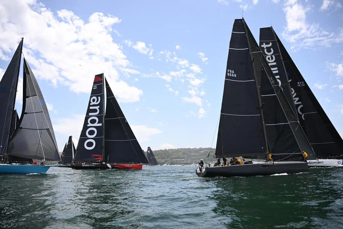 Law Connect (right) and 2022 winner Andoo Comanche getting started in the Sydney Hobart Yacht Race 2023 on Dec 26.
