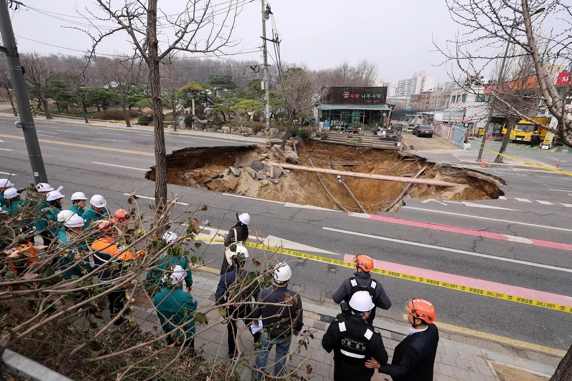On March 24, a 20-meter-wide and 18-meter-deep sinkhole formed in Gangdong-gu, eastern Seoul.