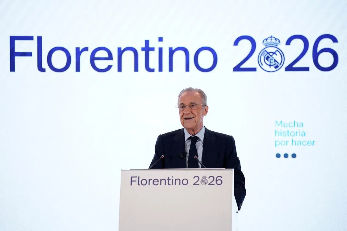 Soccer Football - Real Madrid Presidential Election - Eurobuilding Hotel, Madrid, Spain - June 8, 2026 Florentino Perez gives a speech after he is re-elected as Real Madrid president.  REUTERS/Ana Beltran