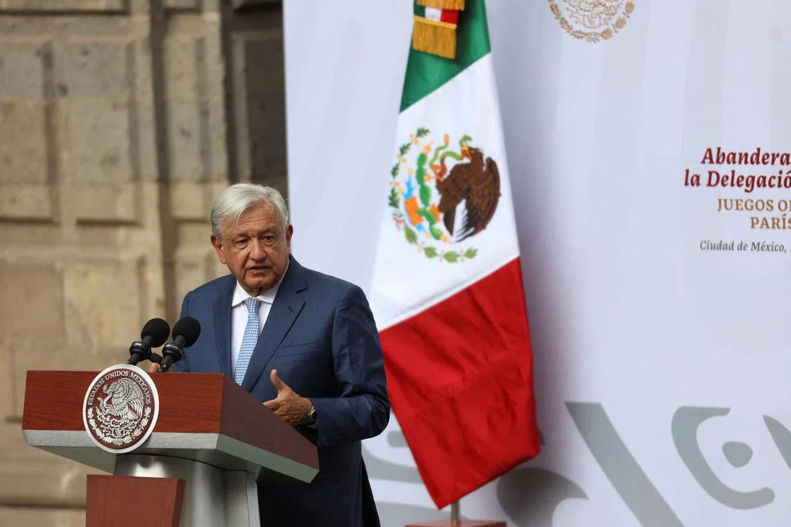 Mexico's President Andres Manuel Lopez Obrador speaks during a ceremony with athletes, ahead of the Paris 2024 Olympic Games, at the National Palace in Mexico City, Mexico, June 11, 2024. REUTERS/Luis Cortes/ File Photo
