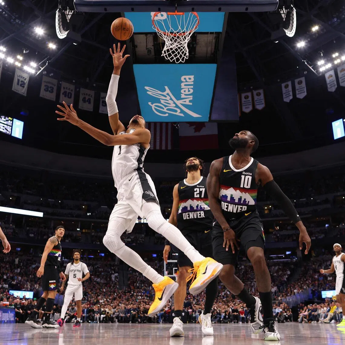 Victor Wembanyama of the San Antonio Spurs scoring in the fourth quarter against the Denver Nuggets at Ball Arena on April 4, 2026 in Colorado. He had 34 points and 18 rebounds in the 136-134 overtime loss.
