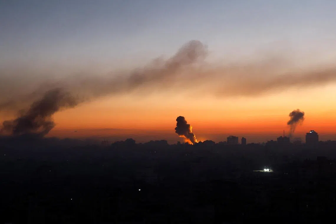 Smoke billows following Israeli strikes amid the ongoing conflict between Israel and the Palestinian Islamist group Hamas, in Gaza on Oct 13.