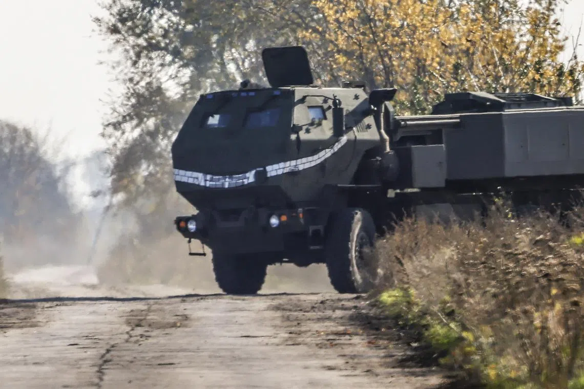 A High Mobility Artillery Rocket System (Himars) moves in the northern Kherson region of Ukraine.