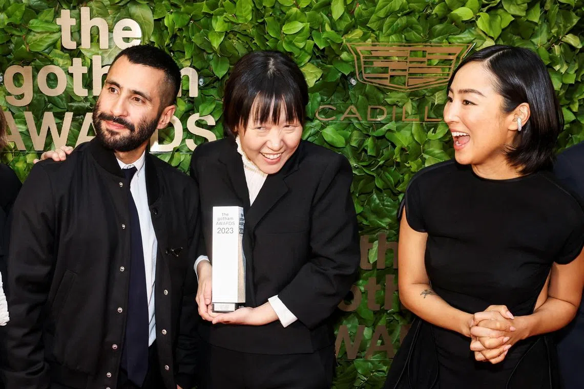 Past Lives producer David Hinojosa, director Celine Song and actress Greta Lee pose at the 33rd annual Gotham Film Awards in New York City on Nov 27, 2023. 
