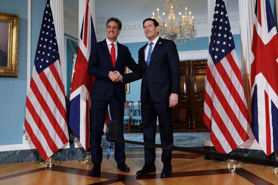 US Secretary of State Marco Rubio (right) meeting British Foreign Secretary Ed Miliband at the US State Department in Washington, on Aug 5.