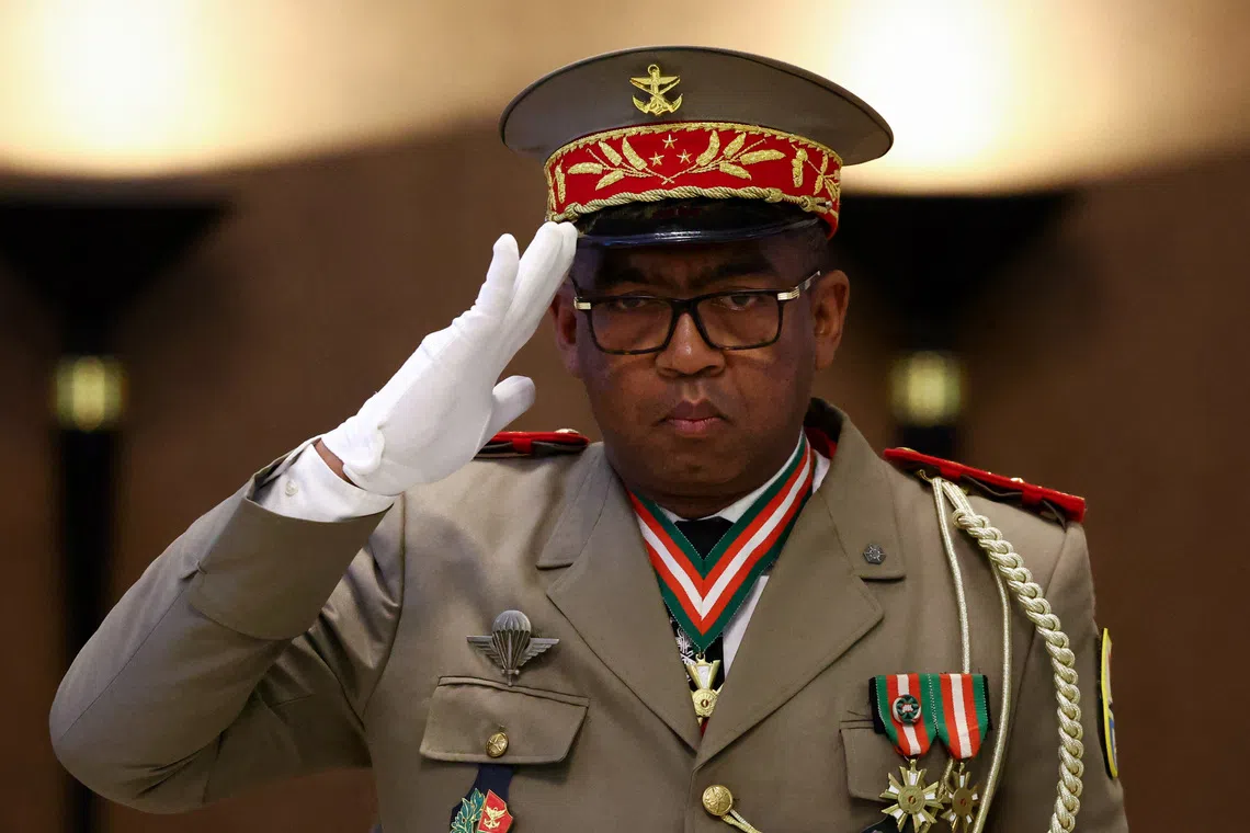 Military general Ruphin Fortunat Zafisambo gestures after being named Prime Minister by Madagascar's President Andry Rajoelina at the Lavoloha Presidential Palace, following the government's dissolution amid protests over power and water shortages, in Antananarivo, Madagascar October 6, 2025. REUTERS/Siphiwe Sibeko