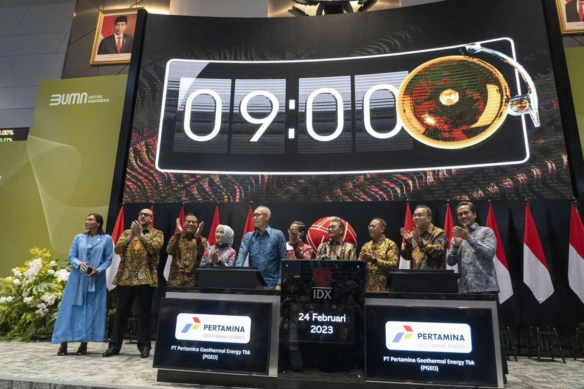 PT Pertamina Geothermal Energy executives attend the company's listing ceremony at the Indonesia Stock Exchange (IDX) in Jakarta, Indonesia, on Friday, Feb. 24, 2023. The firm is the geothermal unit of energy company PT Pertamina, and the first of a series of mid-to-large size offerings by state-owned firms expected to take place in Jakarta this year. Photographer: Rony Zakaria/Bloomberg