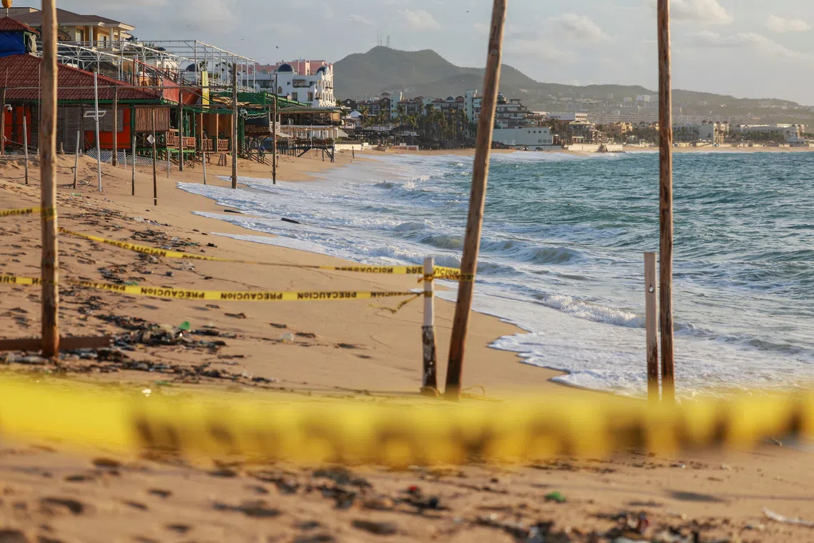 Yellow tapes on Medano Beach as Hurricane Polo approaches Baja California Sur, in Cabo San Lucas, Mexico September 27, 2026. REUTERS/Raquel Cunha