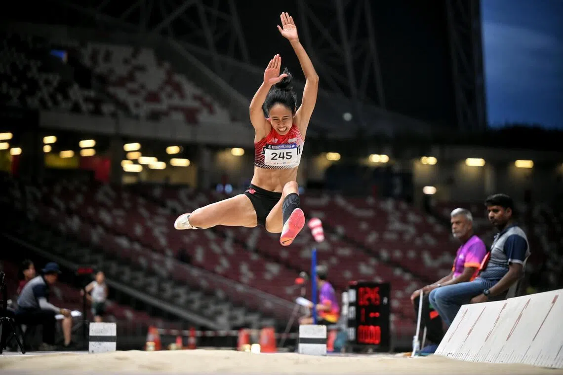 Singapore's Tia Rozario leaping her way to a silver medal at the Singapore Open Track & Field Championships on April 16, 2026.