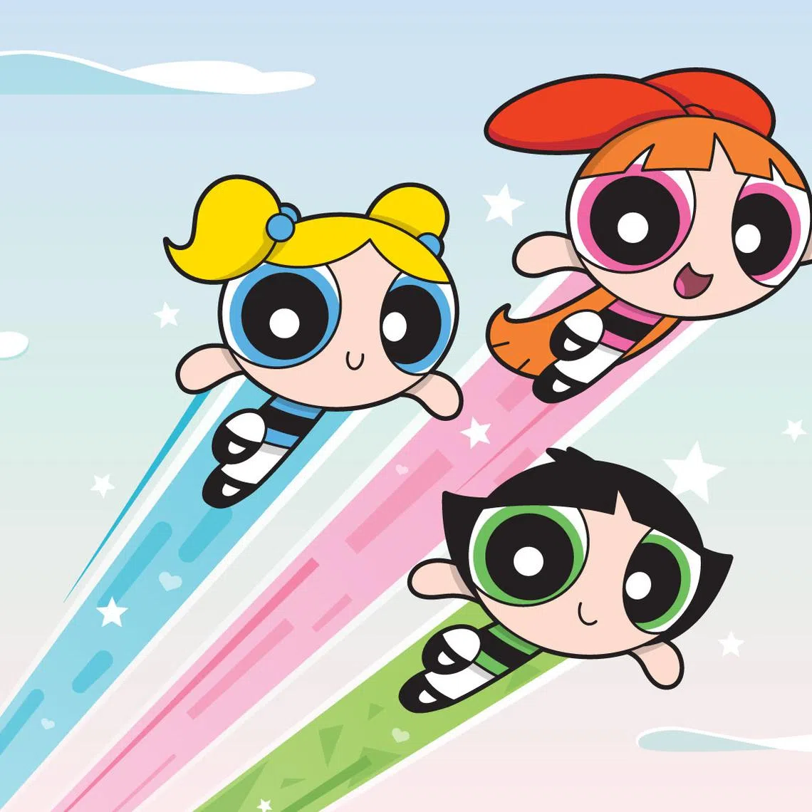 The Powerpuff Girls' (from top down) Blossom, Bubbles and Buttercup.  