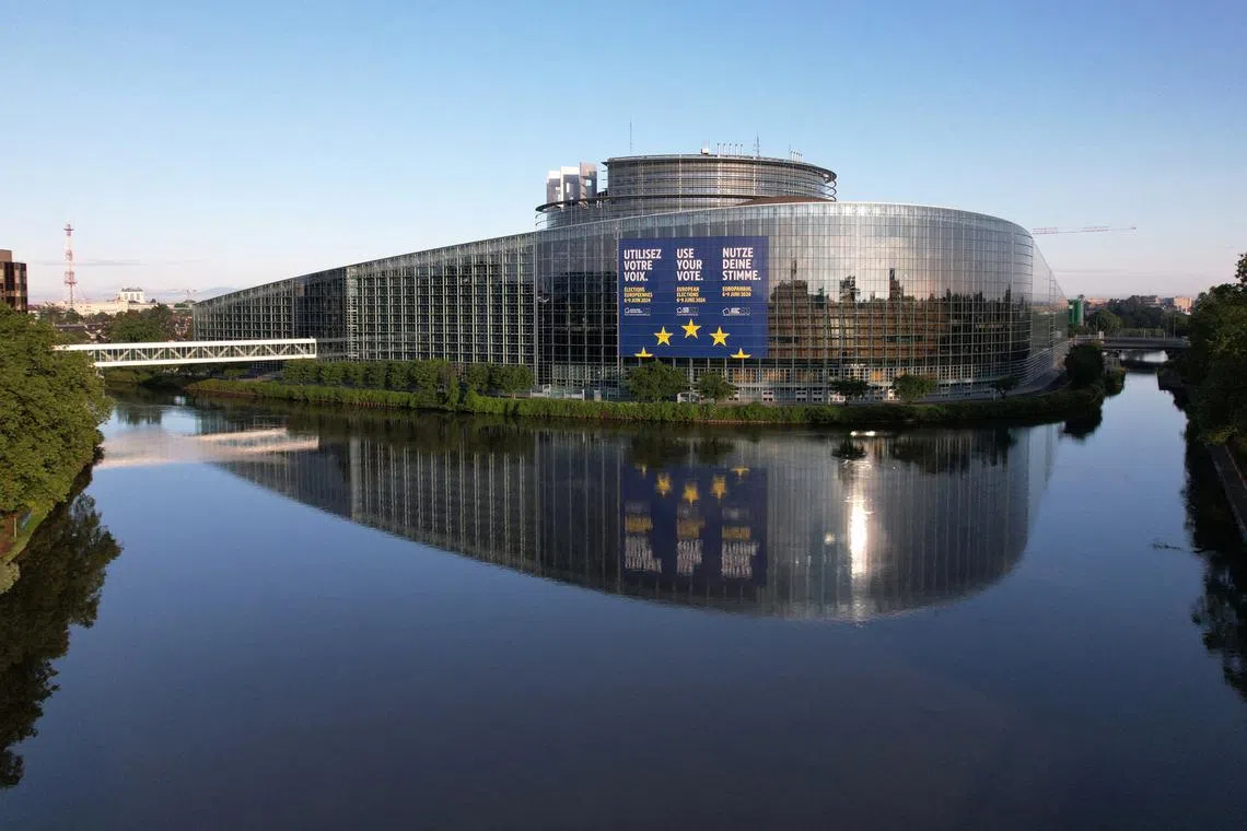 A drone view shows the European Parliament building in Strasbourg, France, May 25, 2024. REUTERS/Christian Hartmann