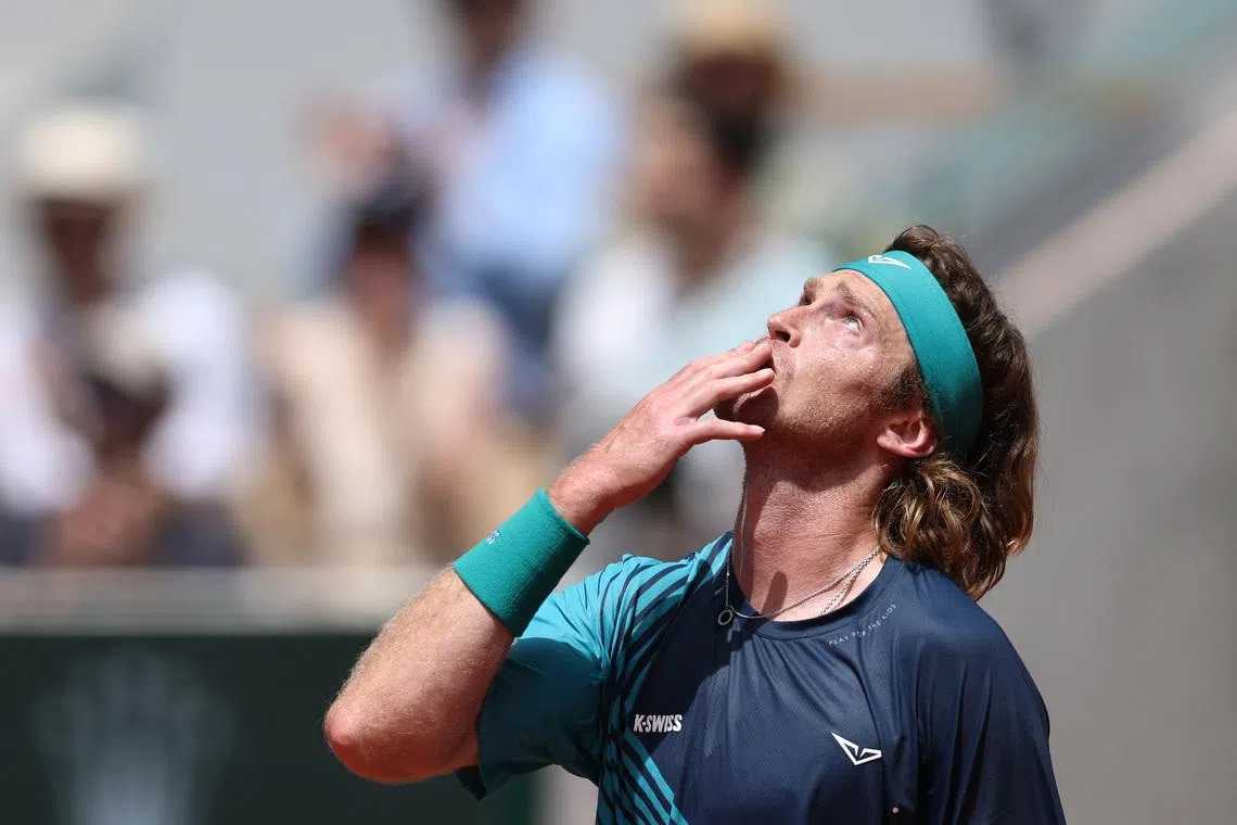 Russia's Andrey Rublev celebrates winning his third round match against Portugal's Nuno Borges, Tennis, French Open, Roland Garros, Paris, France, May 29, 2026. REUTERS/Stephane Mahe