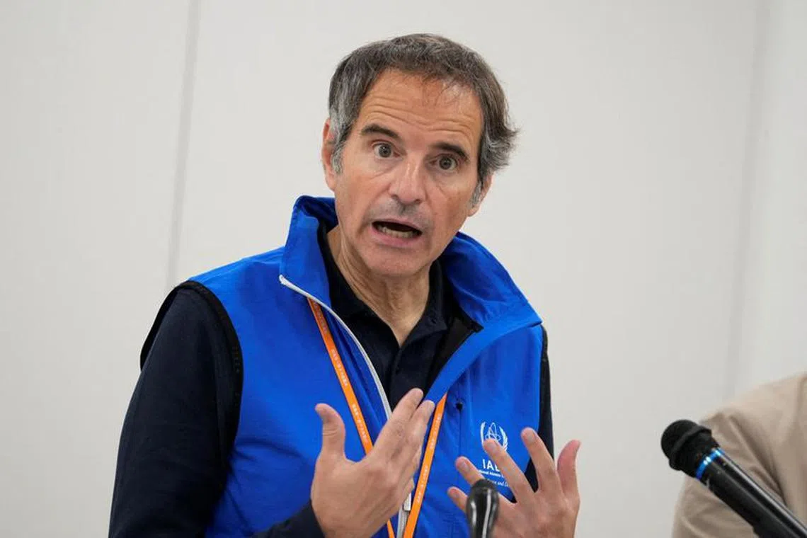 FILE PHOTO: Rafael Mariano Grossi, director general of the International Atomic Energy Agency, speaks at a news briefing in Okuma, northeastern Japan, Wednesday, July 5, 2023.     Hiro Komae/Pool via REUTERS