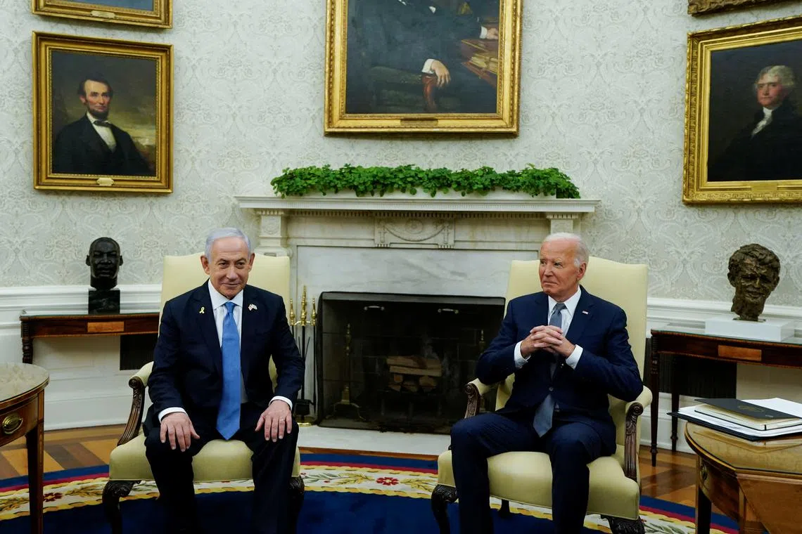 FILE PHOTO: U.S. President Joe Biden meets with Israeli Prime Minister Benjamin Netanyahu in the Oval Office at the White House in Washington, U.S., July 25, 2024. REUTERS/Elizabeth Frantz/File Photo