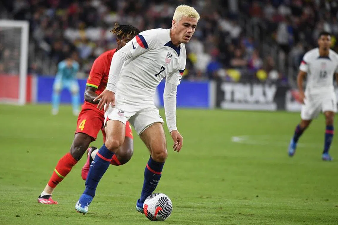 Oct 17, 2023; Nashville, Tennessee, USA; United States midfielder Gio Reyna (7) dribbles the ball against Ghana midfielder Edmund Addo (4) during the first half at GEODIS Park. Mandatory Credit: Christopher Hanewinckel-USA TODAY Sports/File photo