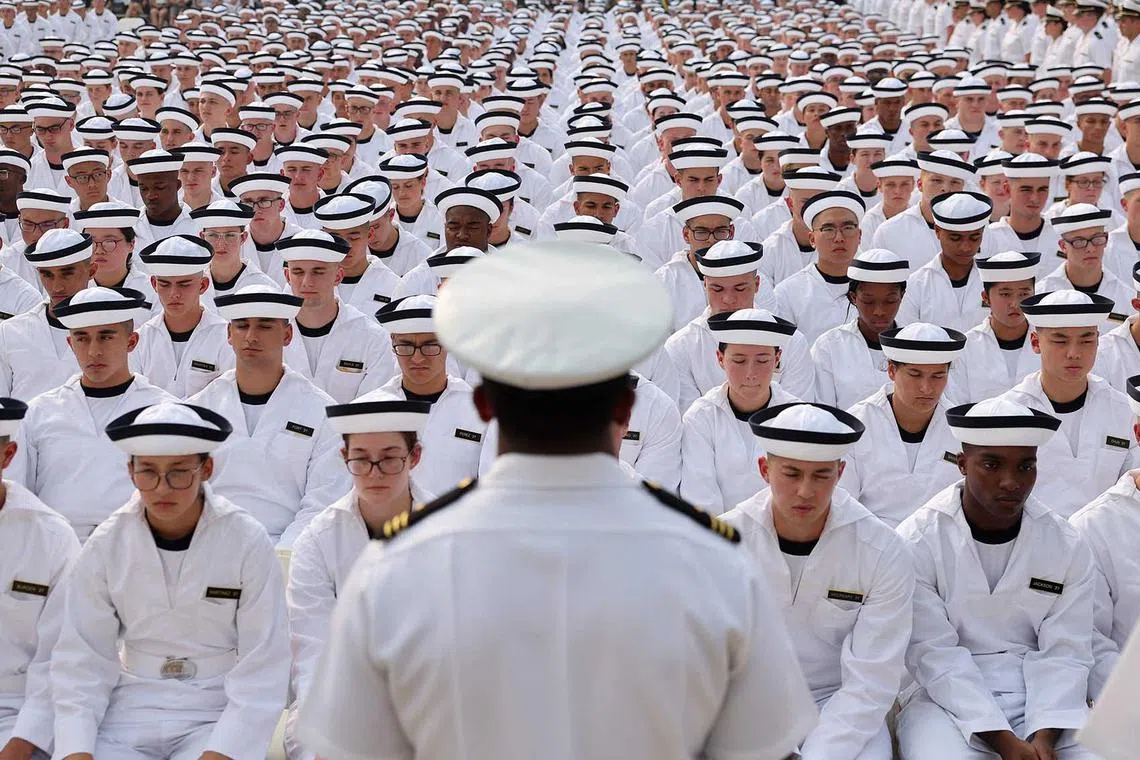 ANNAPOLIS, MARYLAND - JUNE 29: Incoming plebes (freshmen) take part in their Oath of Office Ceremony during Induction Day at the U.S. Naval Academy on June 29, 2023 in Annapolis, Maryland. Approximately 1,200 midshipmen with the Naval Academy's Class of 2027 took part in Induction Day which is their first official day of Plebe Summer and their transition from civilians into fourth-class midshipmen. Kevin Dietsch/Getty Images/AFP (Photo by Kevin Dietsch / GETTY IMAGES NORTH AMERICA / Getty Images via AFP)