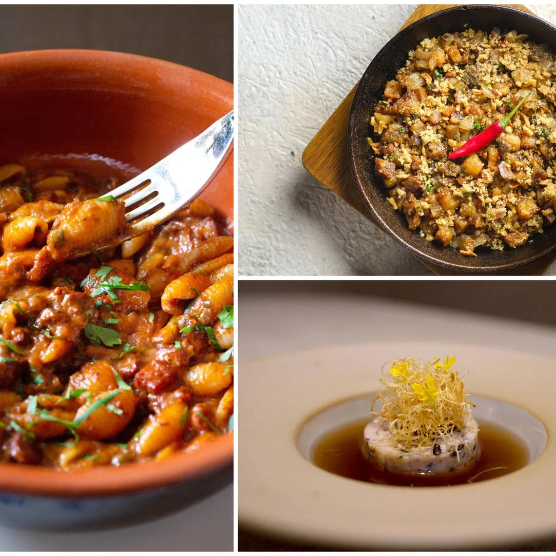 (Clockwise from left) Locanda's Malloreddus pasta with red wine octopus ragu and capers, Crispy Sisig at Hayop, and Onmi's take on samgyetang, Samgyesun.