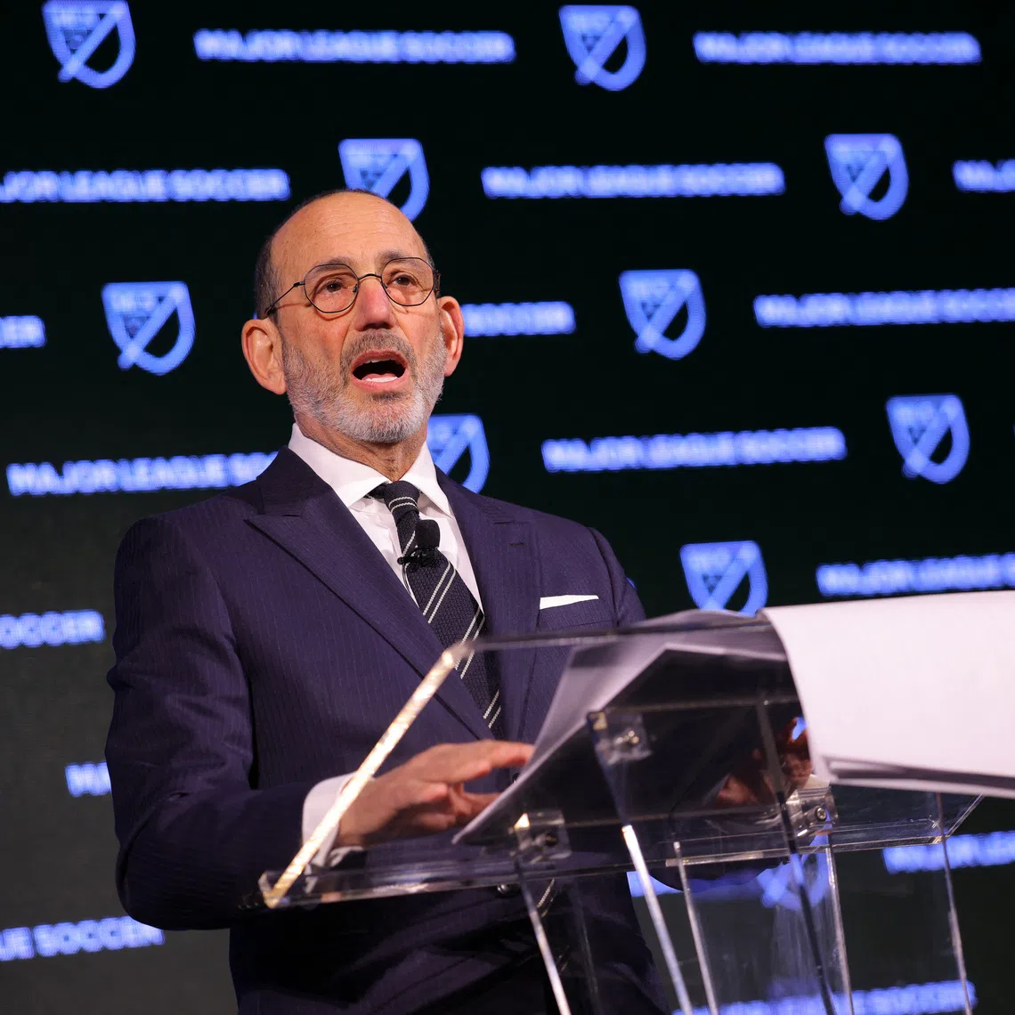 Soccer Football - FIFA World Cup 2026 - Panel with FIFA's Wenger, Ellis, & Collina - Audi Field, Washington D.C., District of Columbia, U.S. - December 4, 2025 Don Garber, Commissioner of Major League Soccer, talks during the panel REUTERS/Carlos Barria