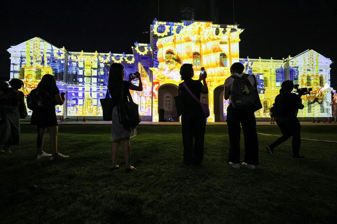 Tales of Earth and Sea is a projection-mapping display on the facade of the National Museum of Singapore that reinterprets local folklore through an interplay of land and water.